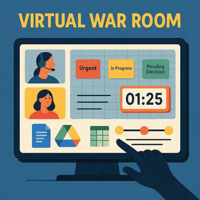 A digital illustration of a virtual war room interface, featuring video chat, sticky notes labeled "Urgent" and "In Progress," documents, a countdown timer, and a pointing hand.