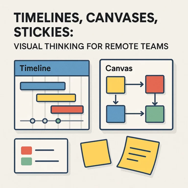 A 2D digital illustration showcasing a timeline, canvas, and sticky notes labeled for visual collaboration in remote teams, emphasizing clarity and task flow.